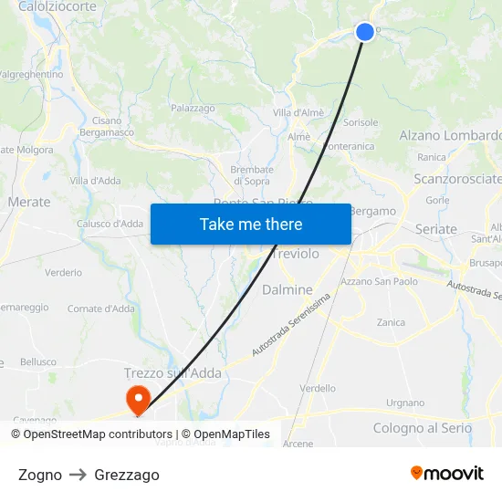 Zogno to Grezzago map