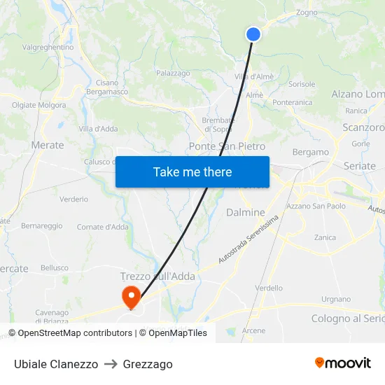 Ubiale Clanezzo to Grezzago map