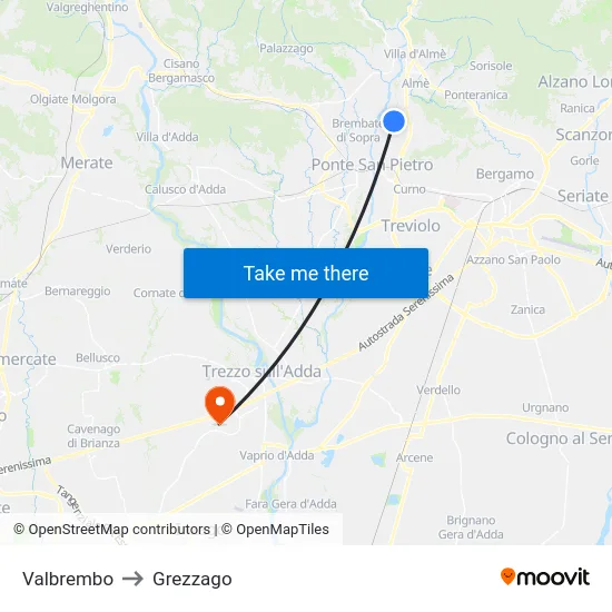 Valbrembo to Grezzago map
