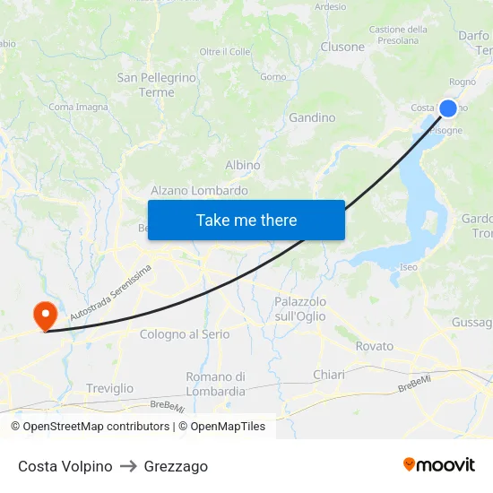 Costa Volpino to Grezzago map