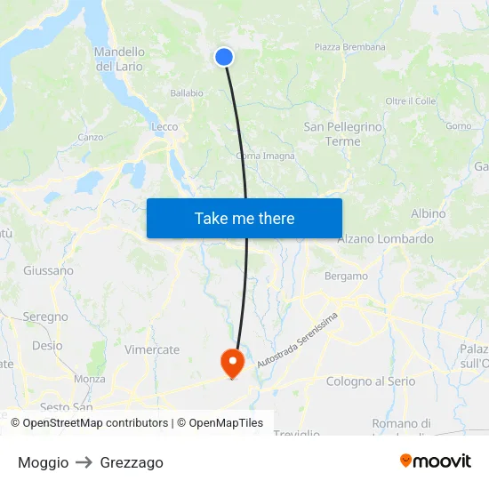 Moggio to Grezzago map