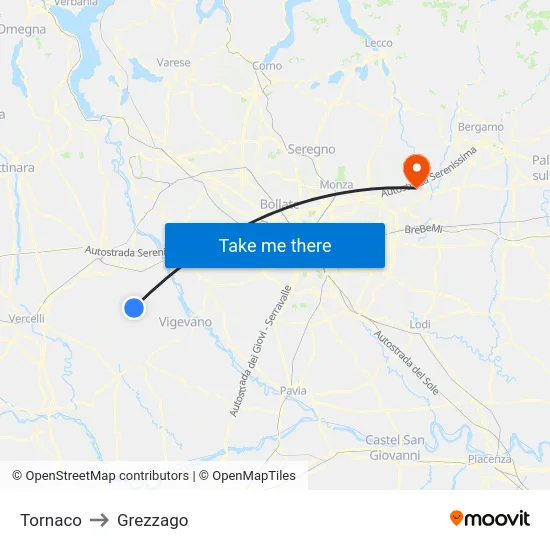 Tornaco to Grezzago map