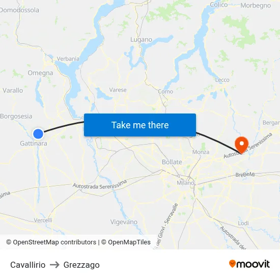 Cavallirio to Grezzago map
