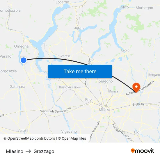 Miasino to Grezzago map