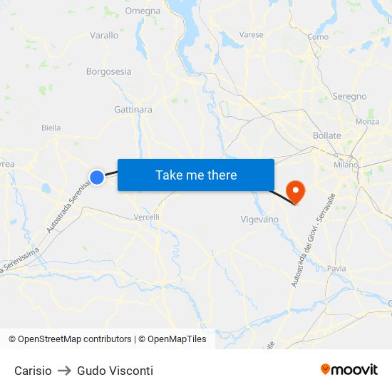 Carisio to Gudo Visconti map