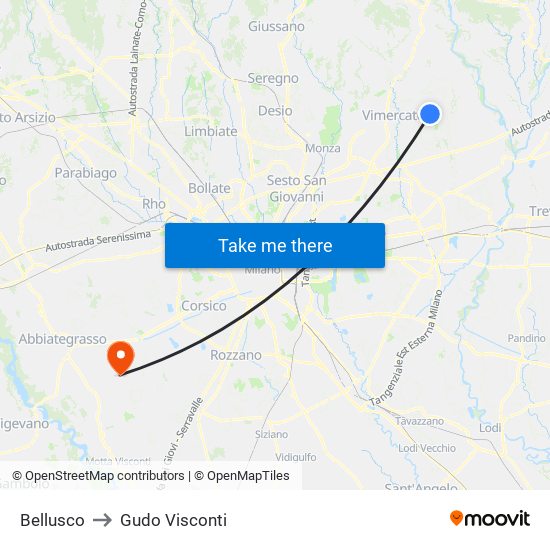 Bellusco to Gudo Visconti map
