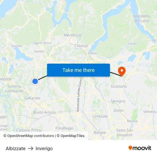Albizzate to Inverigo map