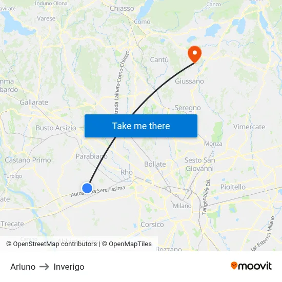 Arluno to Inverigo map