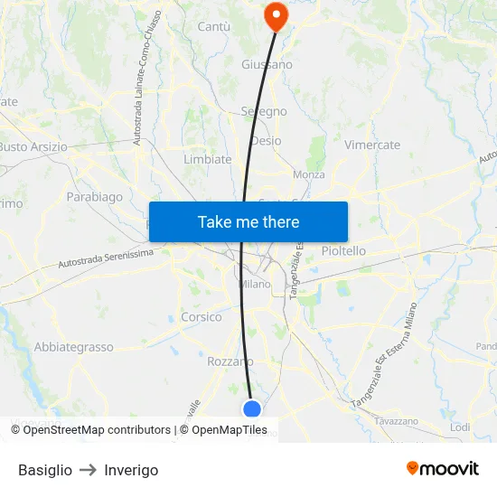 Basiglio to Inverigo map