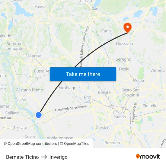 Bernate Ticino to Inverigo map