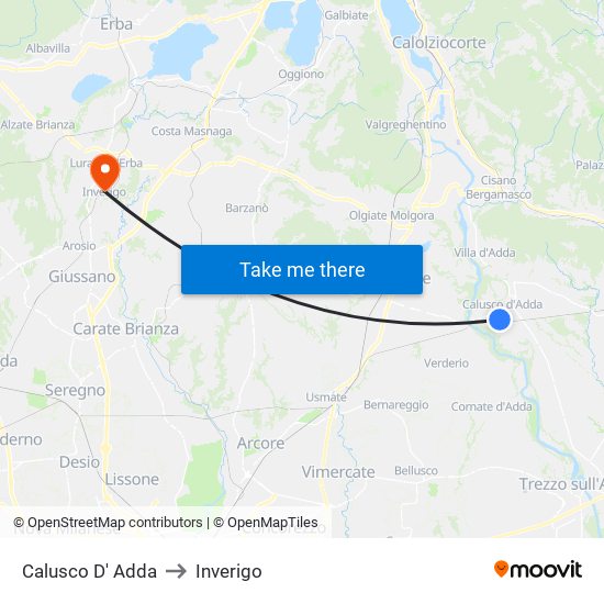 Calusco D' Adda to Inverigo map