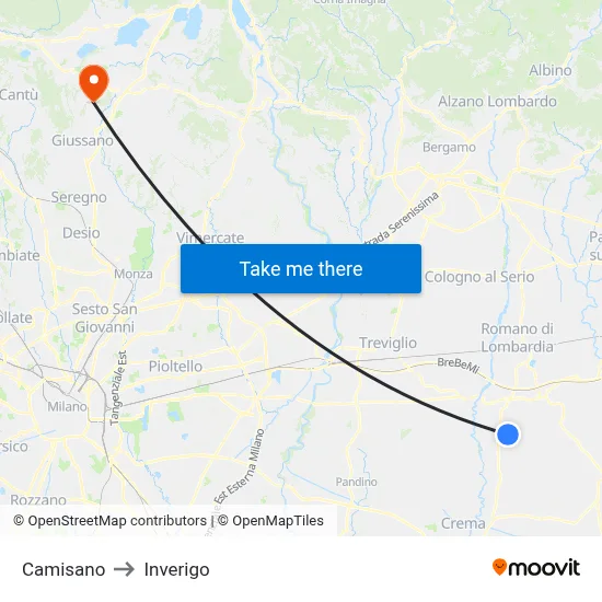 Camisano to Inverigo map
