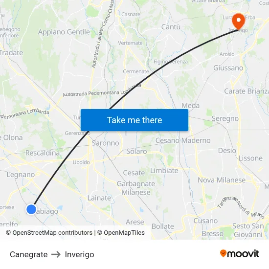 Canegrate to Inverigo map