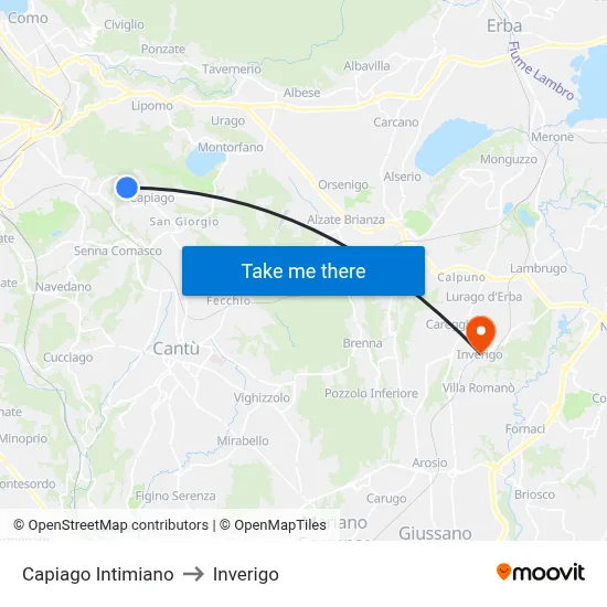 Capiago Intimiano to Inverigo map