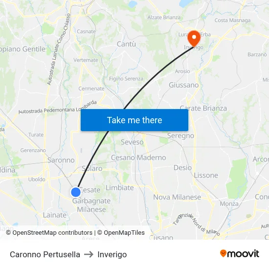 Caronno Pertusella to Inverigo map