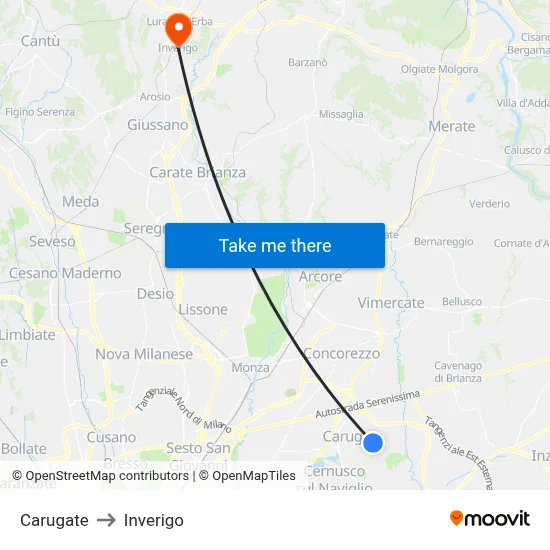 Carugate to Inverigo map