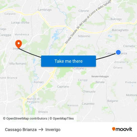 Cassago Brianza to Inverigo map