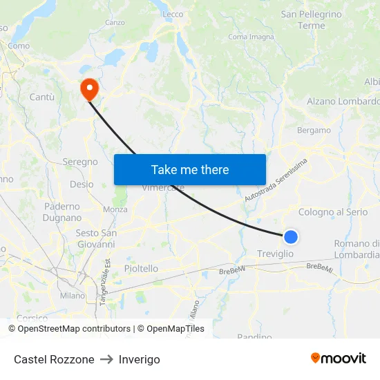 Castel Rozzone to Inverigo map
