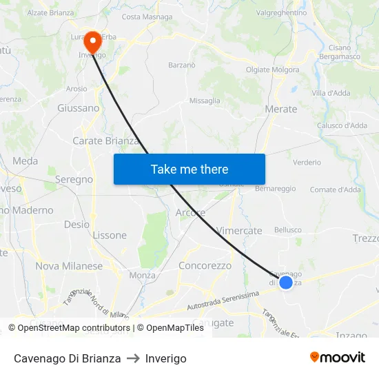 Cavenago di Brianza to Inverigo map
