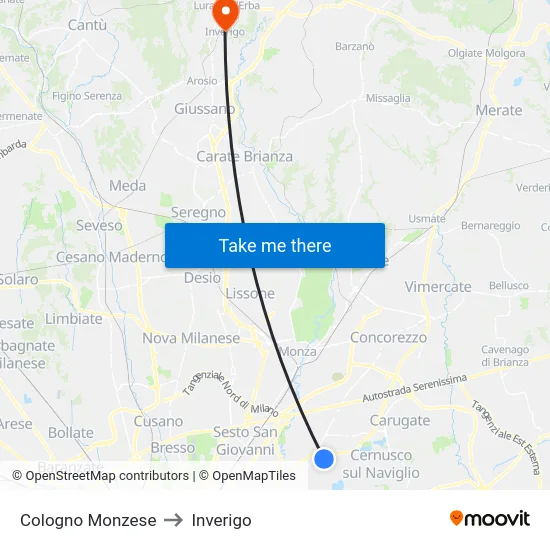 Cologno Monzese to Inverigo map