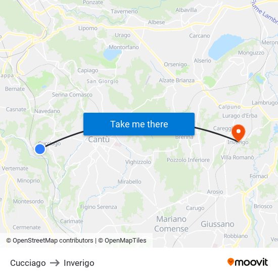 Cucciago to Inverigo map