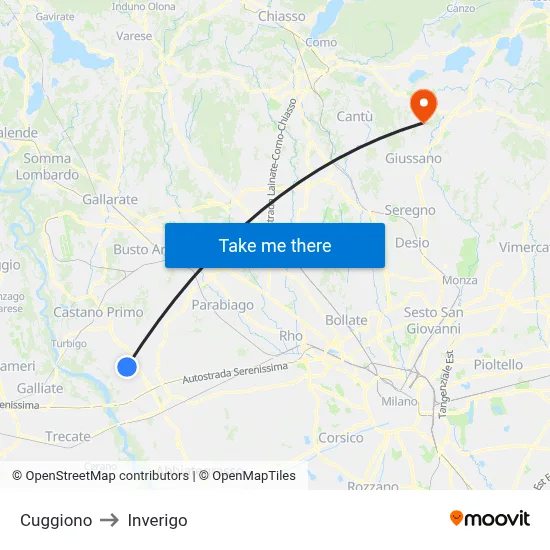 Cuggiono to Inverigo map