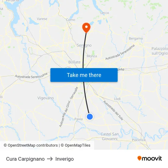 Cura Carpignano to Inverigo map