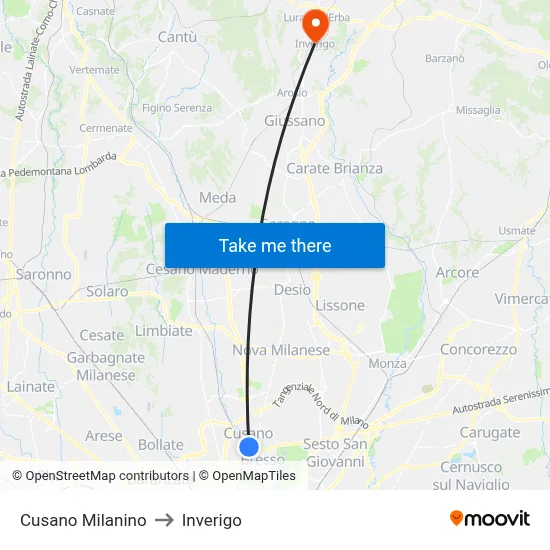 Cusano Milanino to Inverigo map