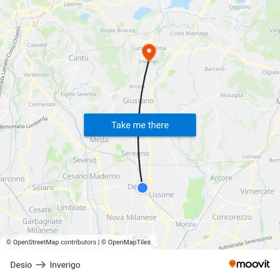 Desio to Inverigo map