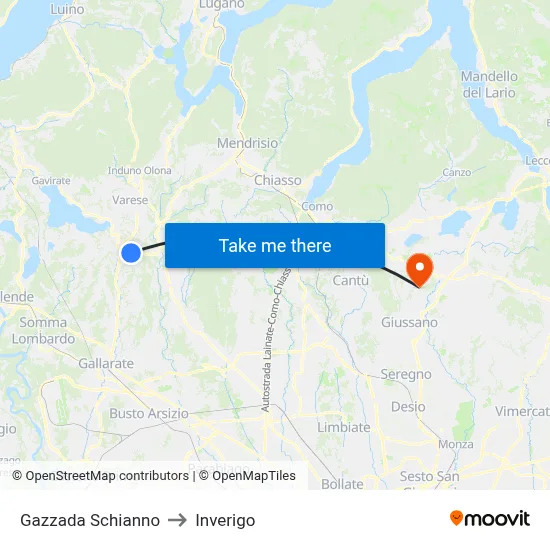 Gazzada Schianno to Inverigo map