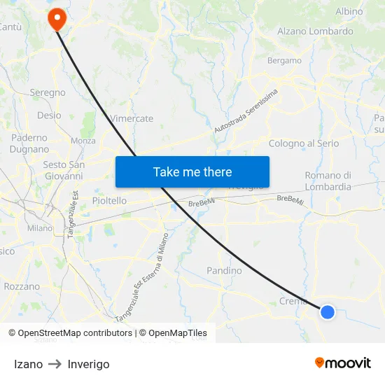 Izano to Inverigo map