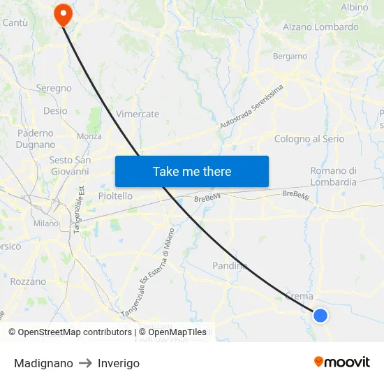 Madignano to Inverigo map