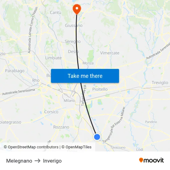Melegnano to Inverigo map