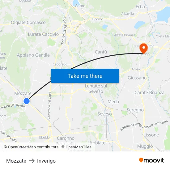 Mozzate to Inverigo map