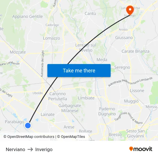 Nerviano to Inverigo map