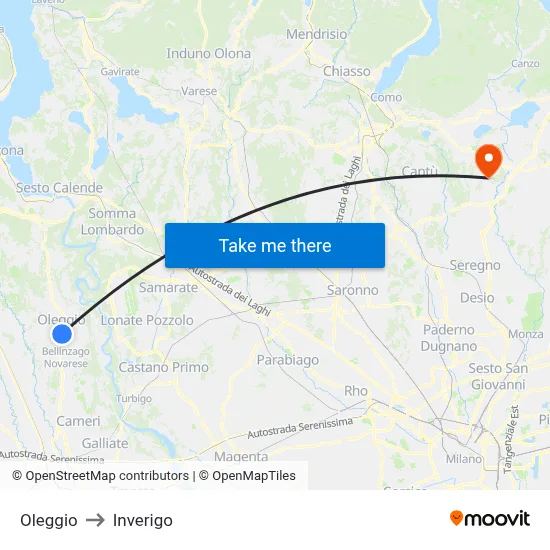 Oleggio to Inverigo map