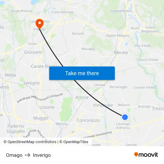 Ornago to Inverigo map