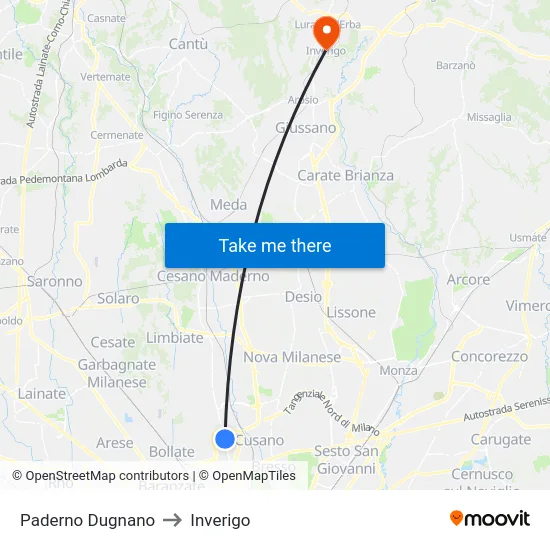 Paderno Dugnano to Inverigo map