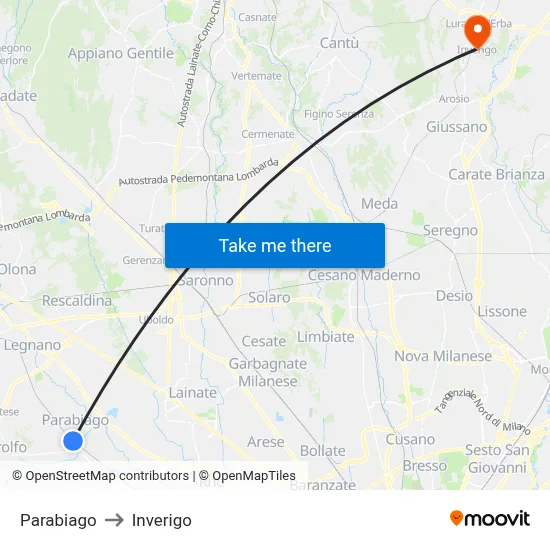 Parabiago to Inverigo map