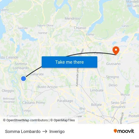 Somma Lombardo to Inverigo map