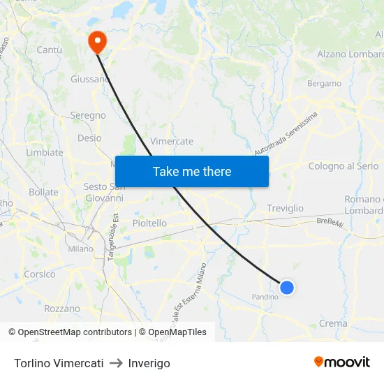 Torlino Vimercati to Inverigo map