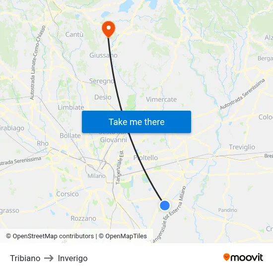 Tribiano to Inverigo map