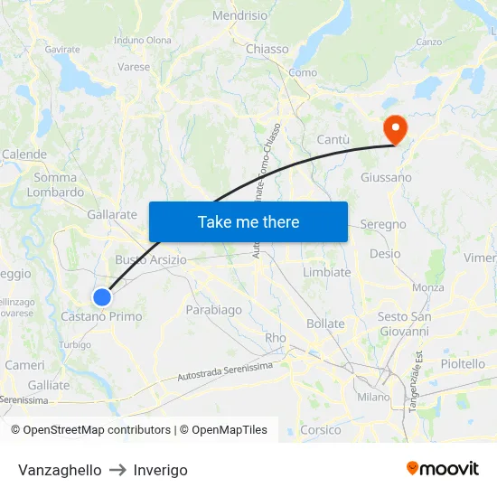 Vanzaghello to Inverigo map