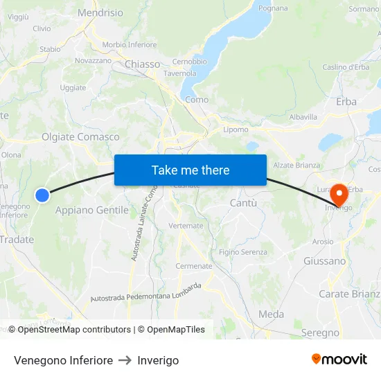 Venegono Inferiore to Inverigo map
