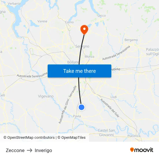 Zeccone to Inverigo map