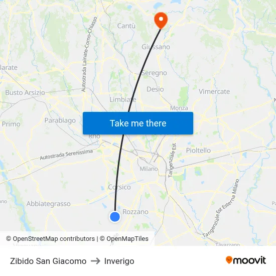 Zibido San Giacomo to Inverigo map