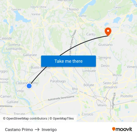 Castano Primo to Inverigo map