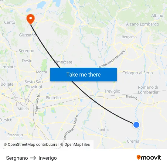Sergnano to Inverigo map