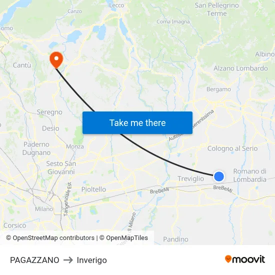 Pagazzano to Inverigo map