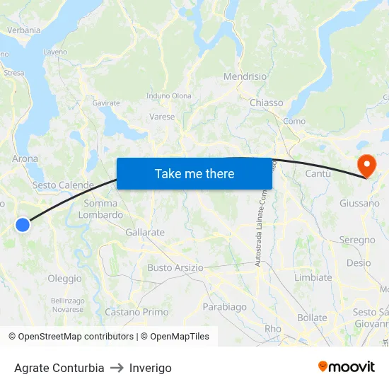 Agrate Conturbia to Inverigo map